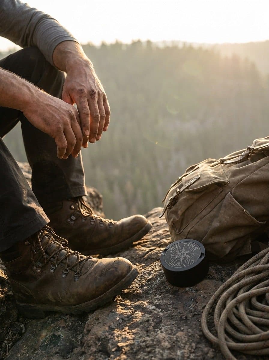 The Ice Tin on a rock beside climbing boots and a rope