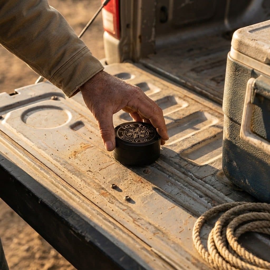 A hand setting the Ice Tin down on a truck tailgate