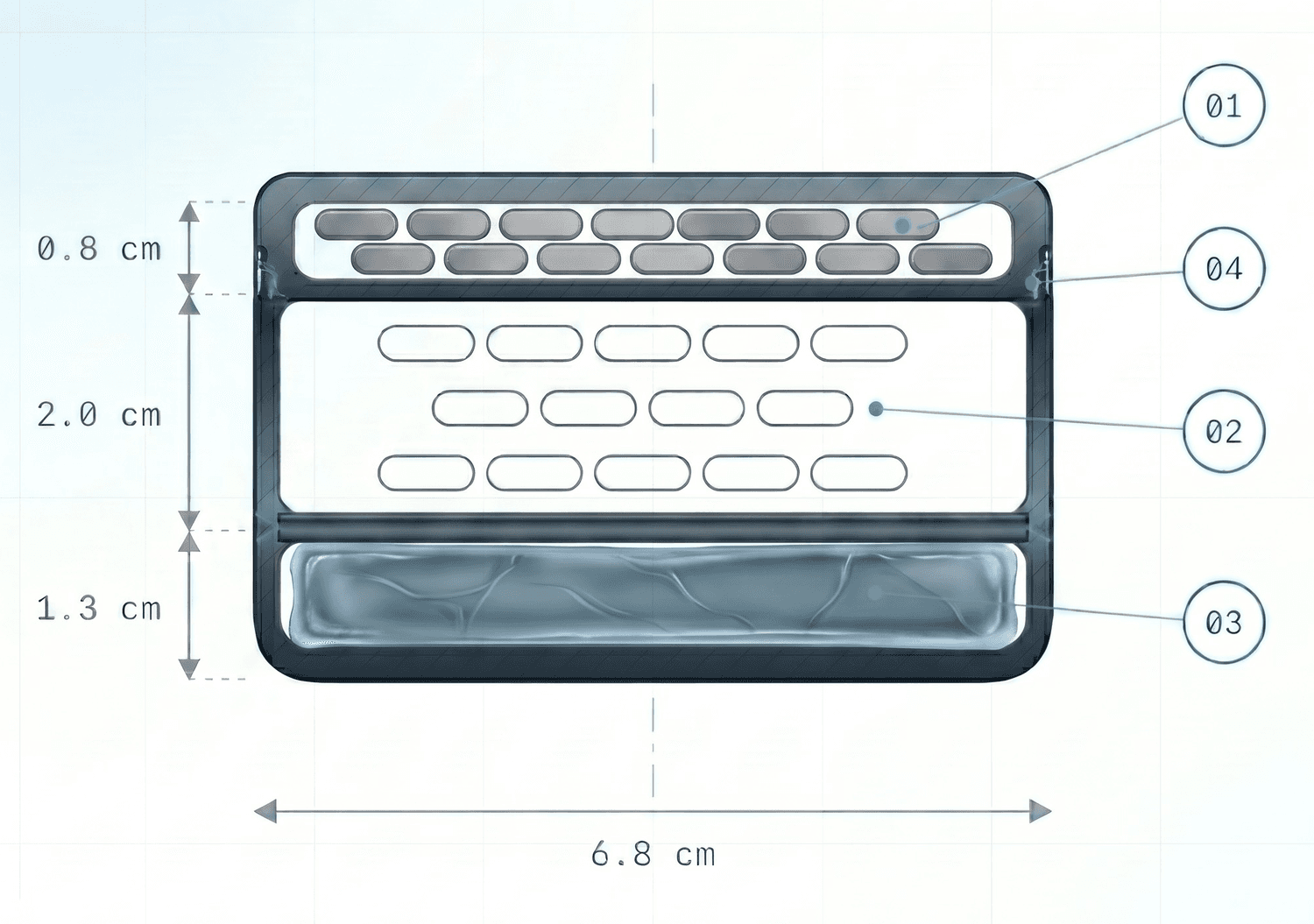 Cross-section of the can: 0.8 cm spent-pouch floor, 2.0 cm pouch floor, 1.3 cm ice tray, 6.8 cm across